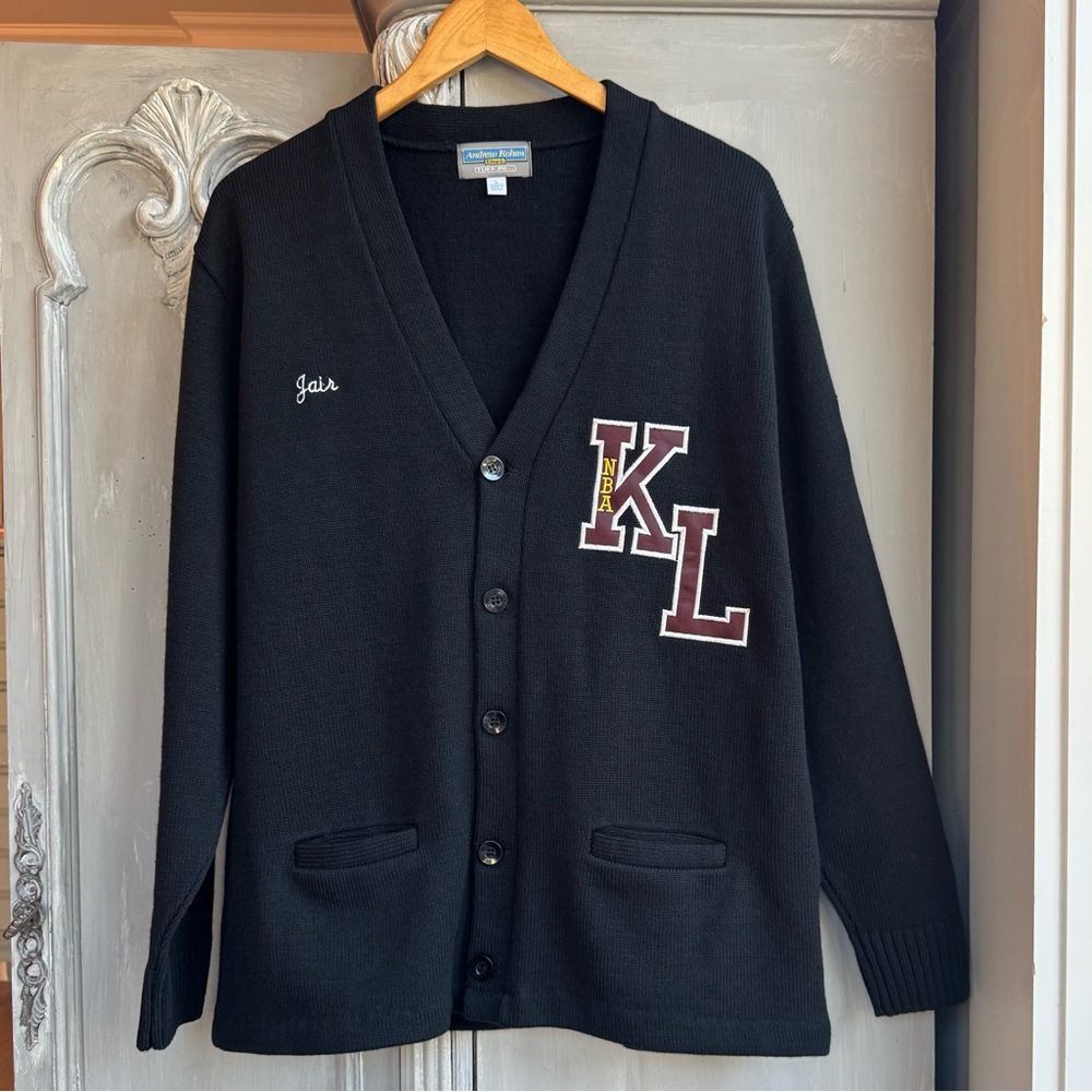 Varsity Knit Cardigan Black KL NBA Letter Patch Personalized "Jair" Sz L